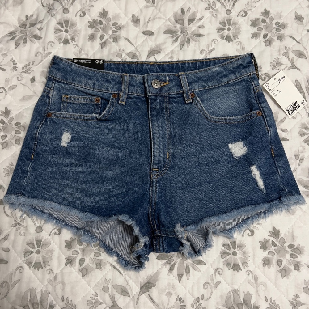 H&M Divided Medium/Dark Wash Regular Waist Ripped Jean Shorts